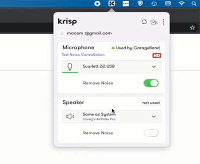 Krisp noise reduction app interface on Mac